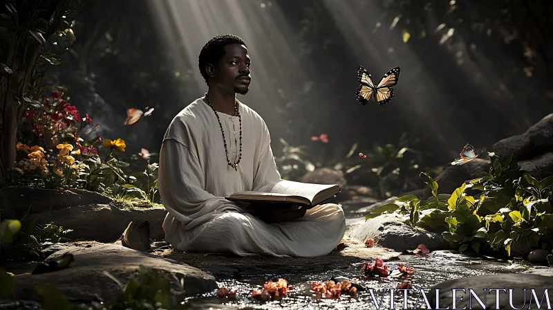 Man Meditating with Butterflies AI Image
