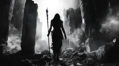 Warrior in the Ruins With Spear