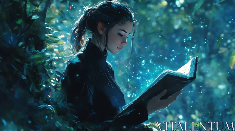 Woman Reading Book in Blue Light AI Image