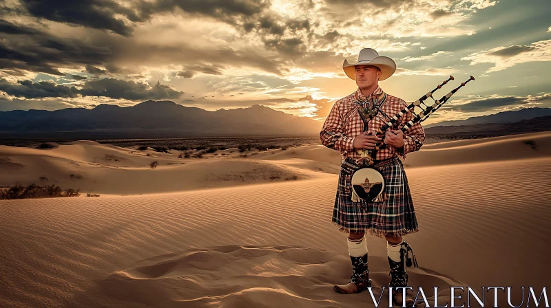 AI ART Desert Piper: Cowboy Kilt at Dusk