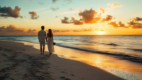 Couple's Evening Stroll by the Sea