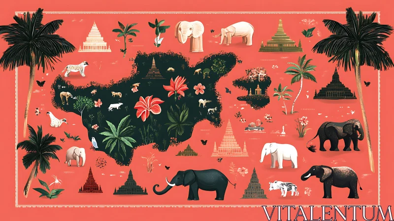 Artistic Thailand Map with Wildlife AI Image