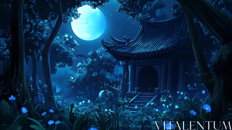 AI ART Tranquil Forest Night Scene with Pavilion