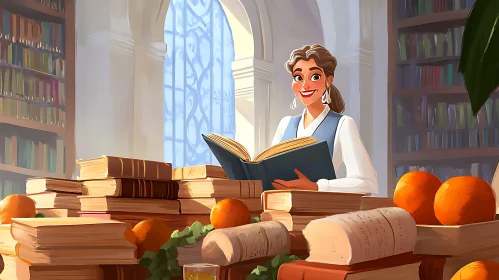 Lady immersed in literature with oranges