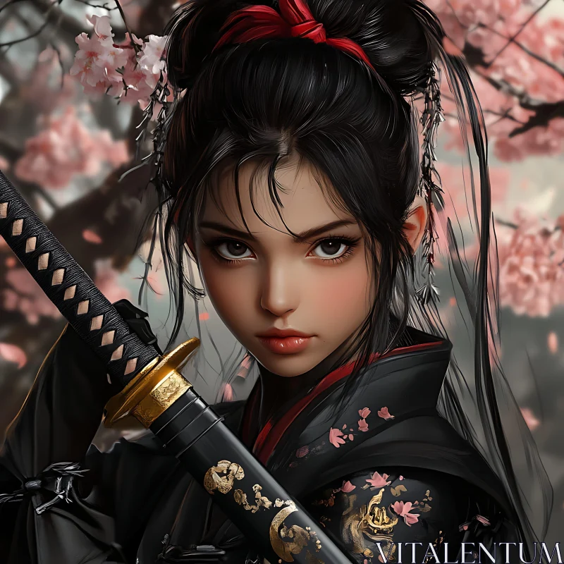 Female Warrior with Katana and Flowers AI Image