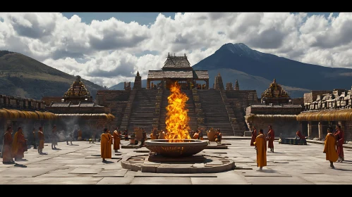 Ancient Temple Ceremony with Monks