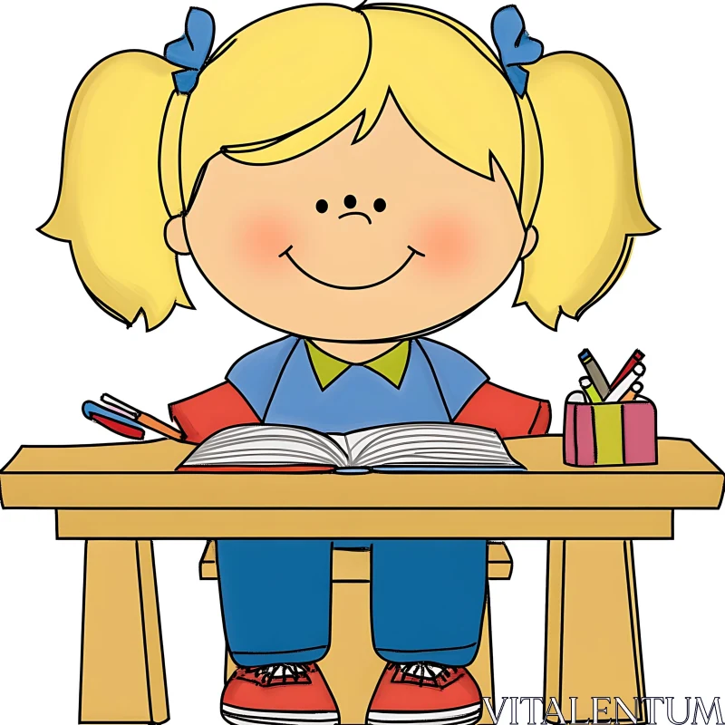 AI ART Cartoon Girl Studying at Desk