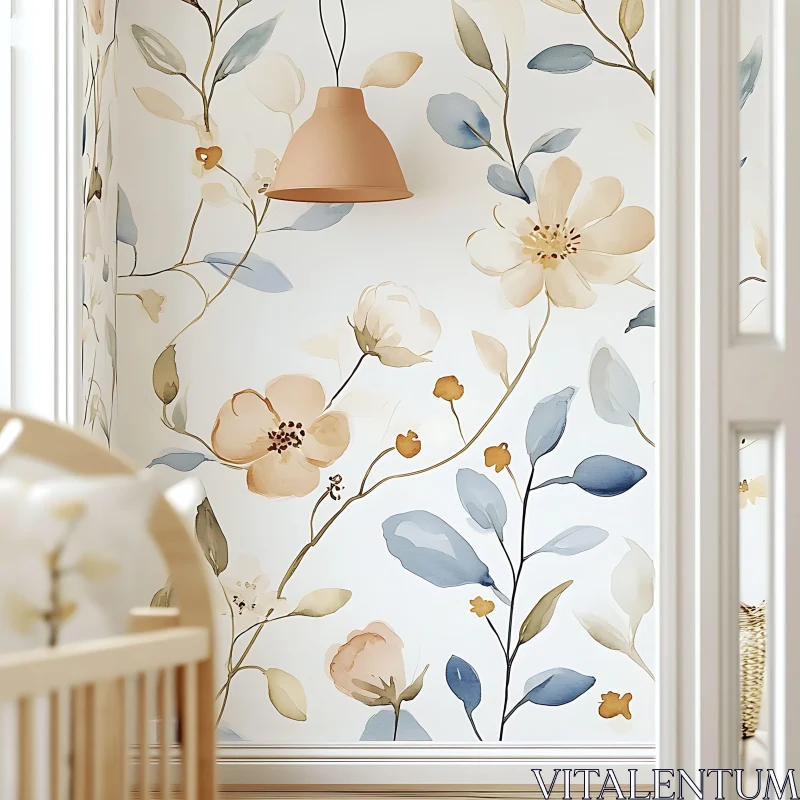 Floral Wallpaper in a Serene Nursery Setting AI Image