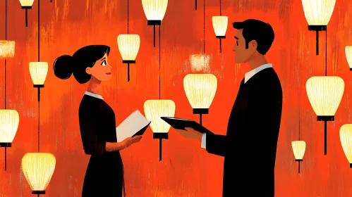 Stylized Business Exchange with Warm Lighting