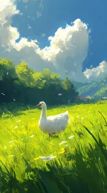 Peaceful Landscape with a White Goose