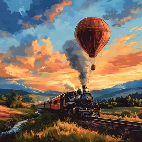 Vintage Train and Balloon at Sunset