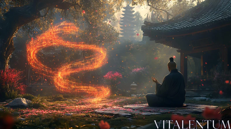 Monk in Zen Garden with Ethereal Light AI Image