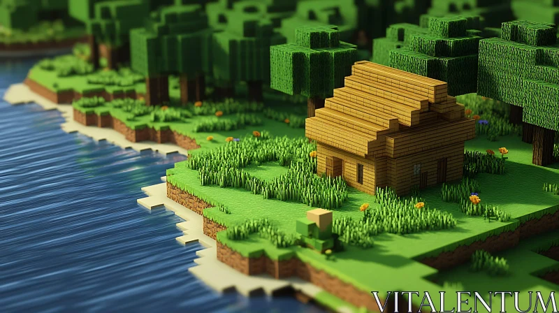 Block Landscape with Wooden House AI Image