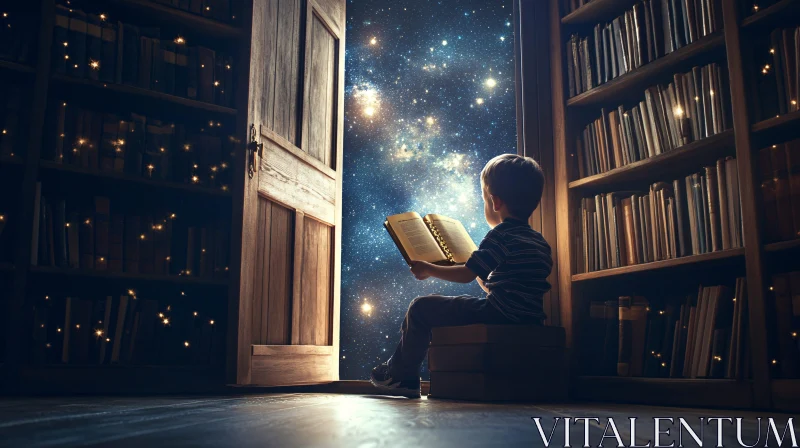 Boy Reading Book in Library with Universe AI Image