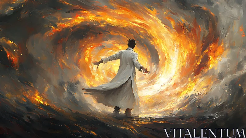 Man in White Coat Amidst Swirling Flames AI Image