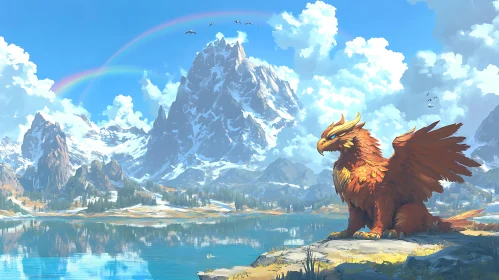 Fantasy Landscape with Gryphon and Rainbow