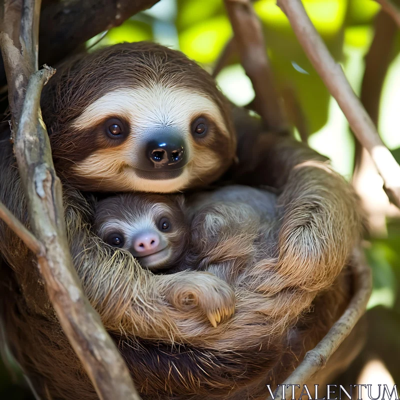 Sloth and Baby Bonding in Nature AI Image