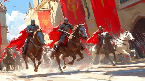 Galloping Knights with Red Banners