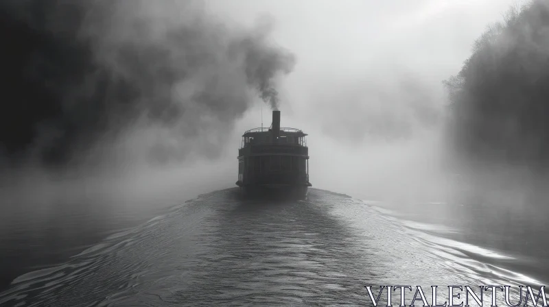 Mysterious Steamboat Gliding Through Mist-Covered Waters AI Image