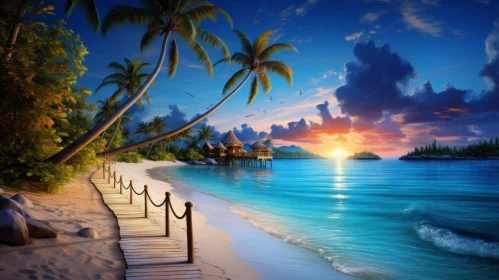 Romantic Tropical Beach Landscape - Palm Trees and Sunset