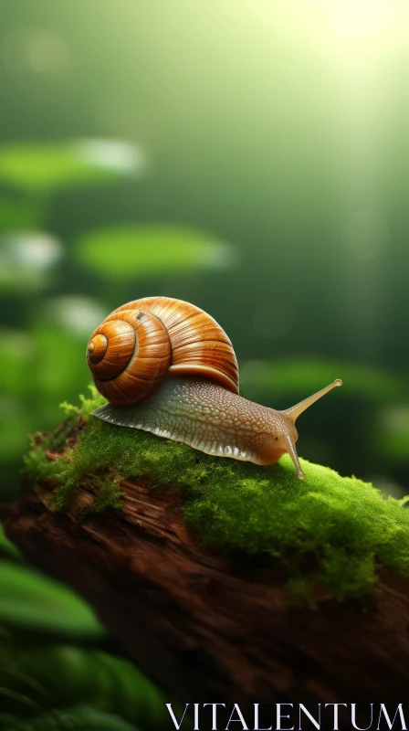 Sunlit Snail on Mossy Log: A Study in Motion and Tranquility AI Image