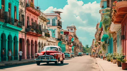 Vintage Red Car Journeying Down a Colorful Street