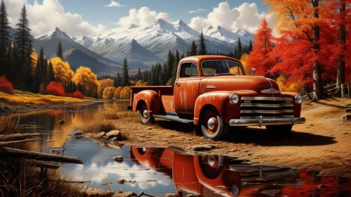 Vintage Truck in Autumn Landscape - Tranquil and Detailed Artwork