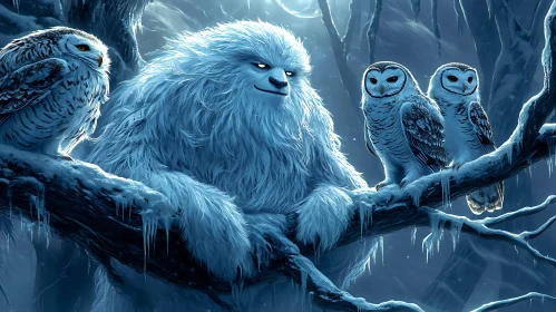 Snowy Yeti with Owl Companions