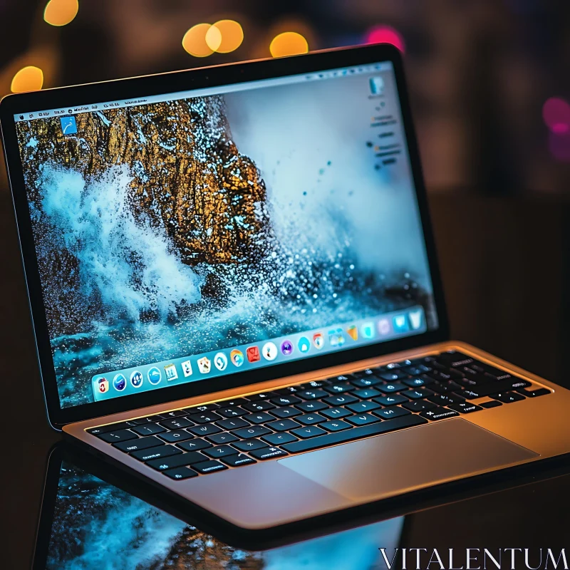 Sleek Laptop Displaying Ocean Waves and Bokeh Lights AI Image