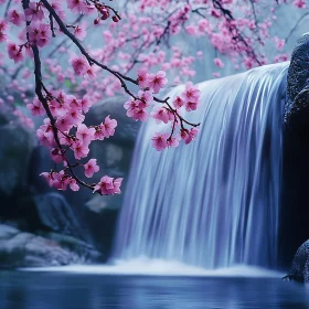 Peaceful Blossoms by a Waterfall