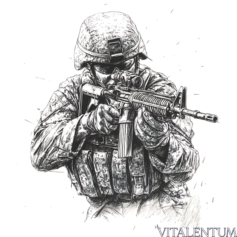 AI ART Monochrome Sketch of a Soldier Aiming