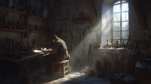 Man Reading Book in Old Workshop
