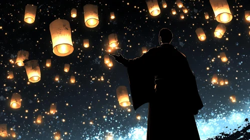 Man and Floating Lanterns at Night