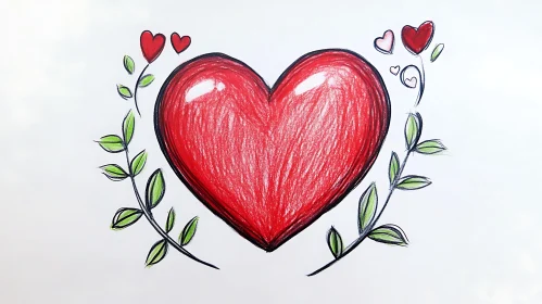 Love Heart Sketch with Green Leaves