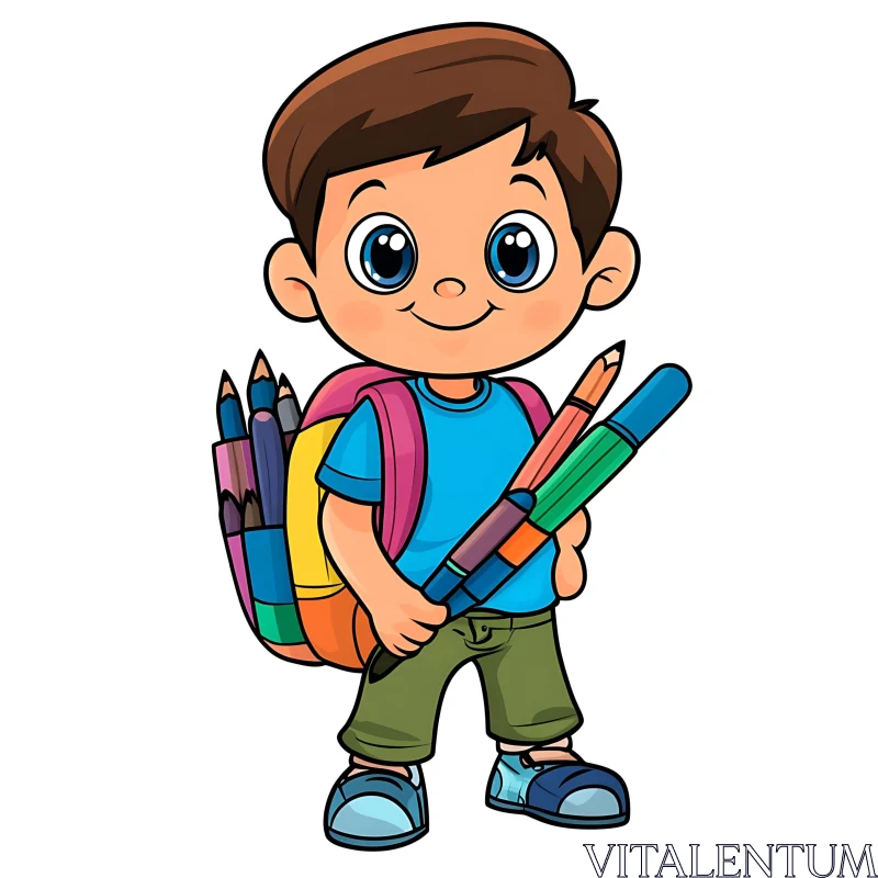 AI ART Boy with Pencils Cartoon Illustration