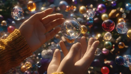 Hands Holding Luminous Orb Surrounded by Spheres