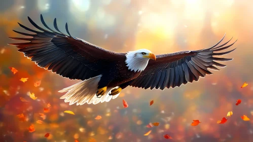 Eagle in Flight Amidst Autumn Leaves