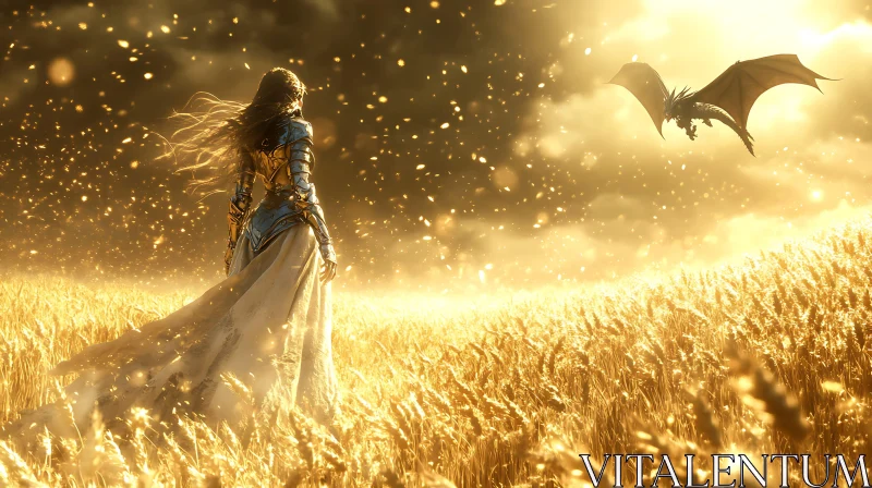 Warrior Facing Dragon in Wheat Field AI Image