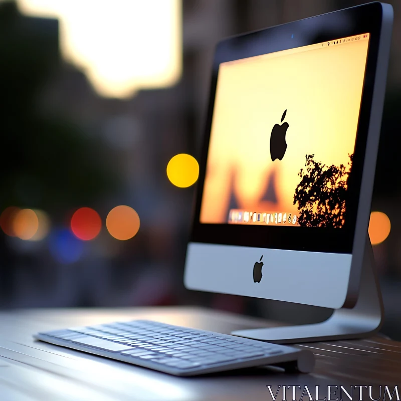 Apple Desktop with Warm Bokeh Lights AI Image