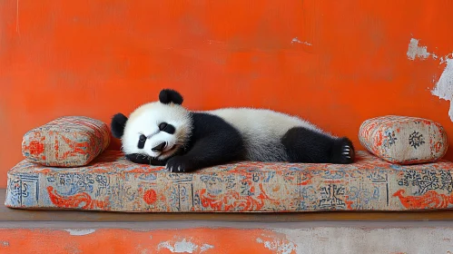 Panda Lounging on an Ornate Cushion