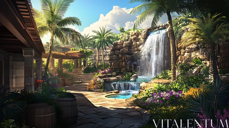 Serene Garden Oasis with Cascading Waterfalls AI Image