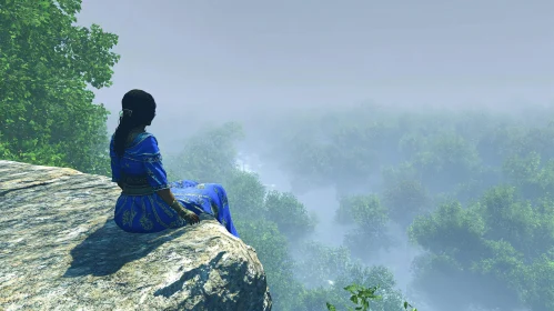 Woman in Blue Dress Overlooking Misty Forest