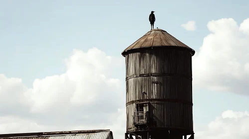 Rustic Water Tower with Person on Top