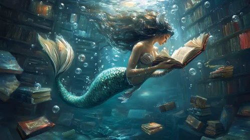 Aquatic Reader: Mermaid in Submerged Library