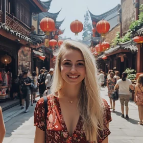 Blonde Woman Portrait in Asian Street