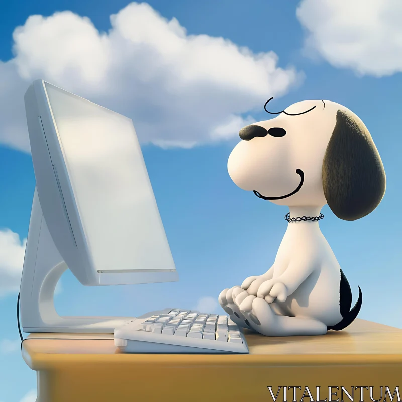 Cartoon Dog at Desk with Computer under Cloudy Sky AI Image