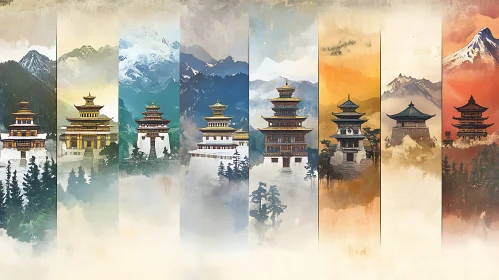 Asian Pagodas in Mountainous Landscapes