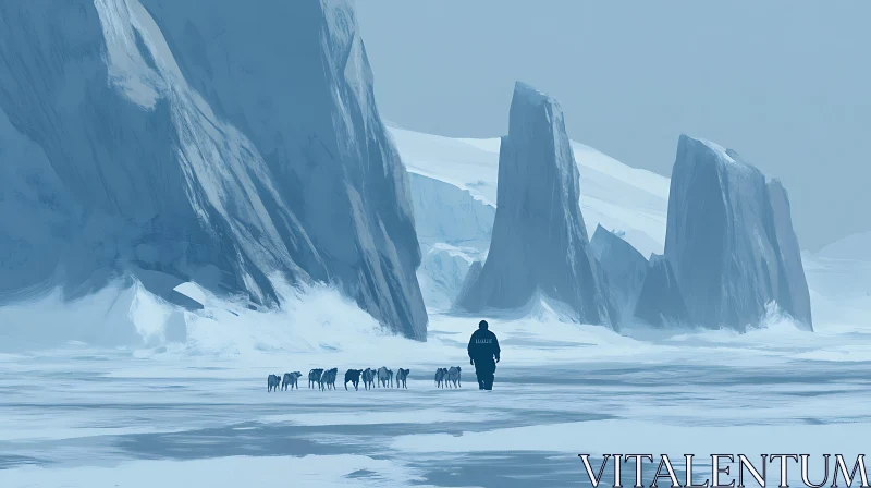 AI ART Icy Expedition: Man and Dogs in the Arctic