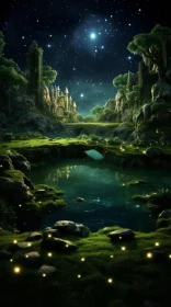 Enchanting Fantasy Forest Scene with Grandiose Ruins and Ethereal Lights