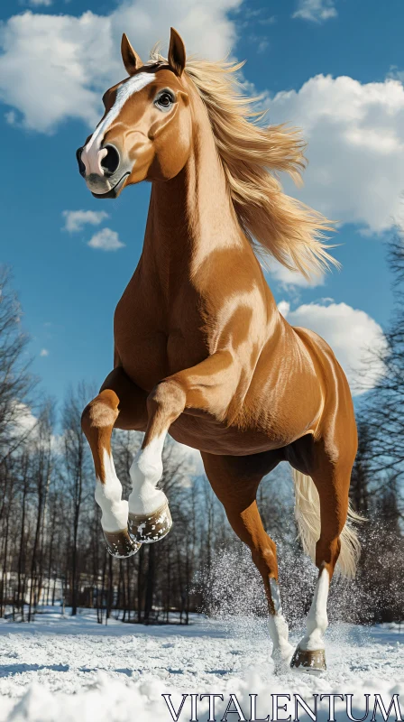 Chestnut Horse in Winter Scene AI Image